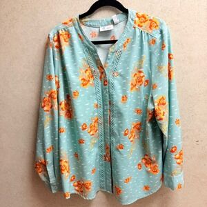 d&co denim company XL Women's Light Green Floral Buttons Feminine Boho Blouse
